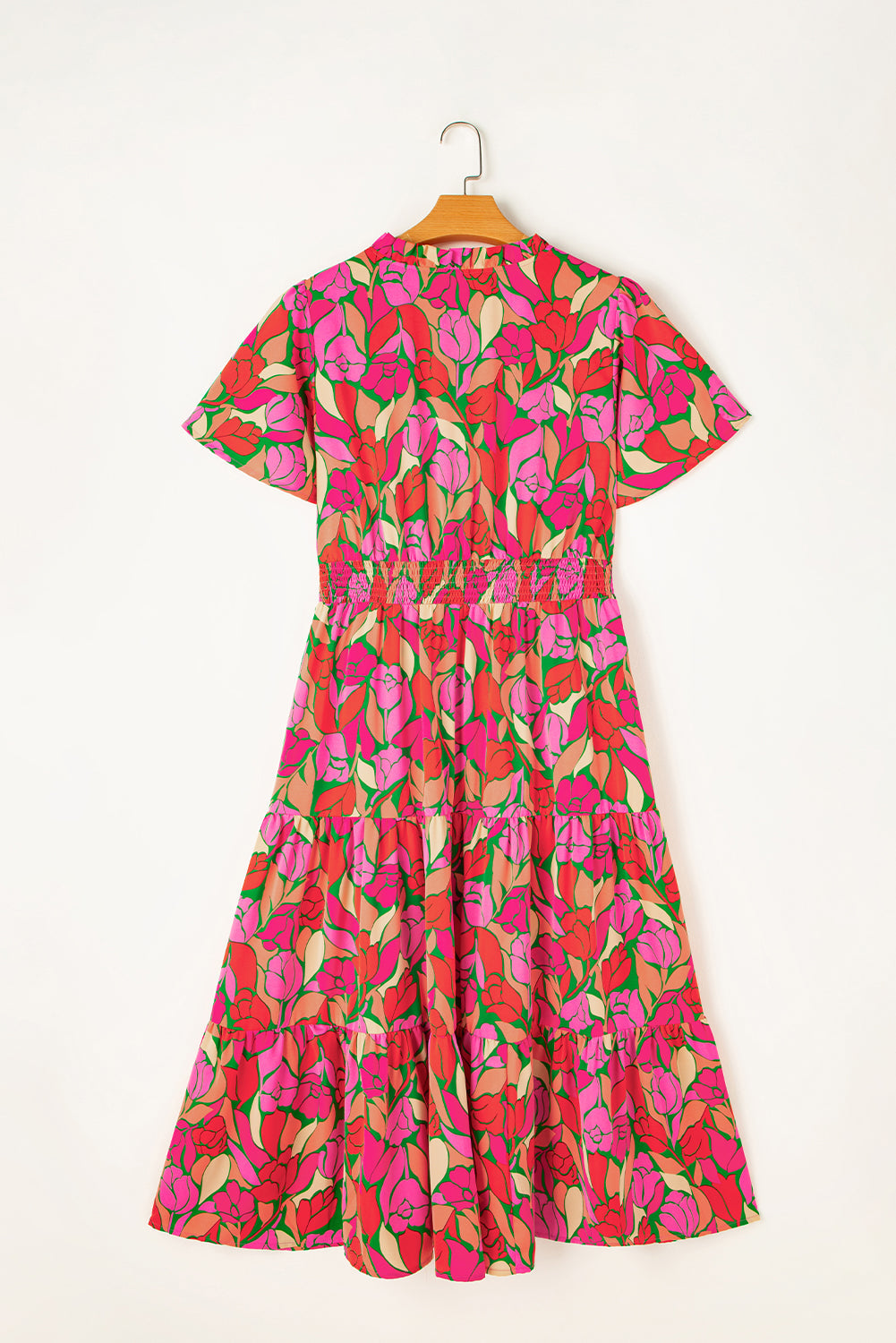 Rose Floral Flounce Sleeve Smocked Waist Tiered Maxi Dress - MAD RUFFI