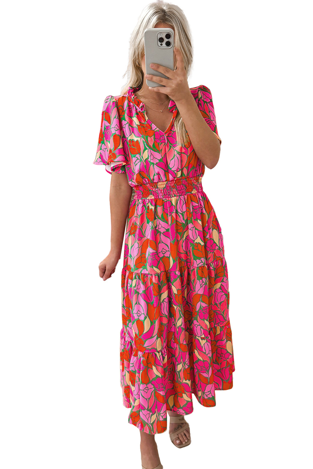 Rose Floral Flounce Sleeve Smocked Waist Tiered Maxi Dress - MAD RUFFI