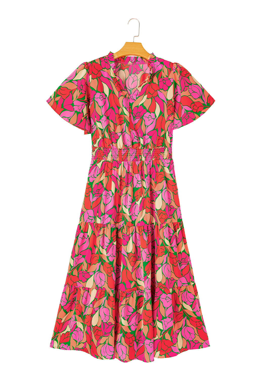 Rose Floral Flounce Sleeve Smocked Waist Tiered Maxi Dress - MAD RUFFI