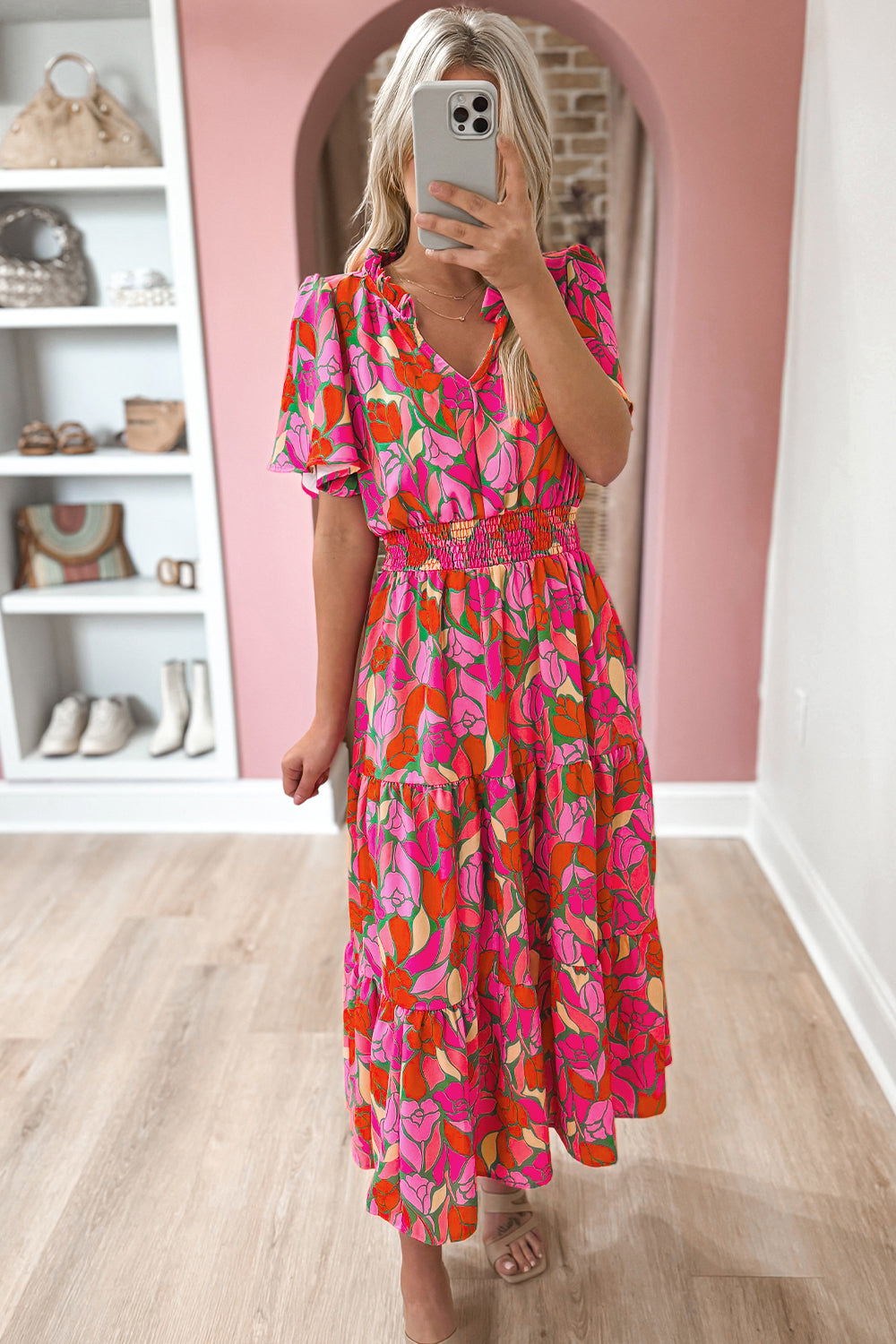 Rose Floral Flounce Sleeve Smocked Waist Tiered Maxi Dress - MAD RUFFI