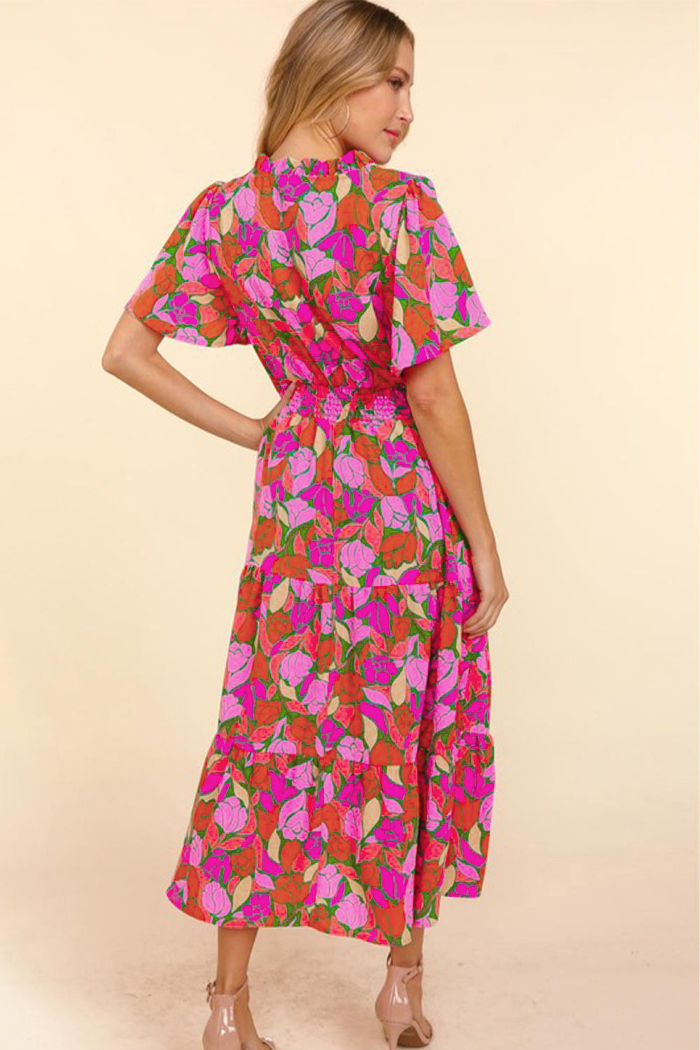 Rose Floral Flounce Sleeve Smocked Waist Tiered Maxi Dress - MAD RUFFI