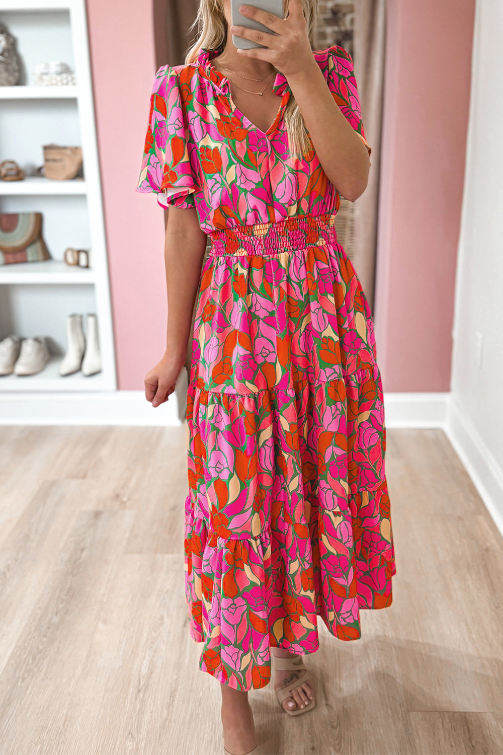 Rose Floral Flounce Sleeve Smocked Waist Tiered Maxi Dress - MAD RUFFI