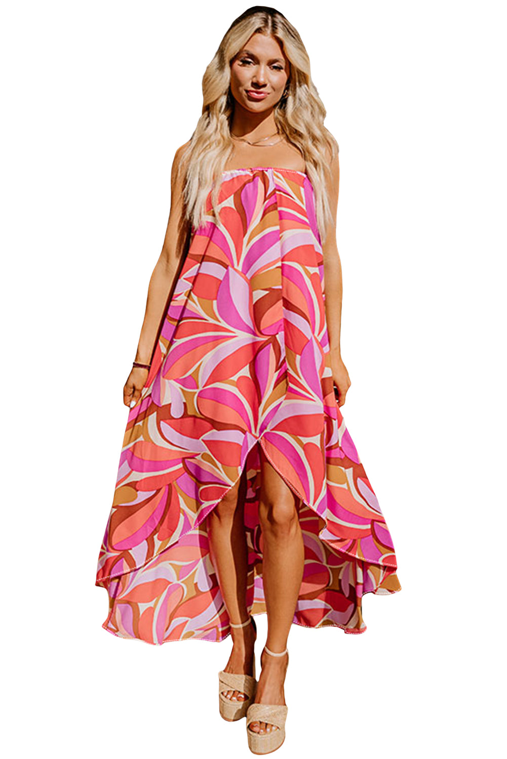 Rose Floral High Low Bandeau Vacay Dress - MAD RUFFI