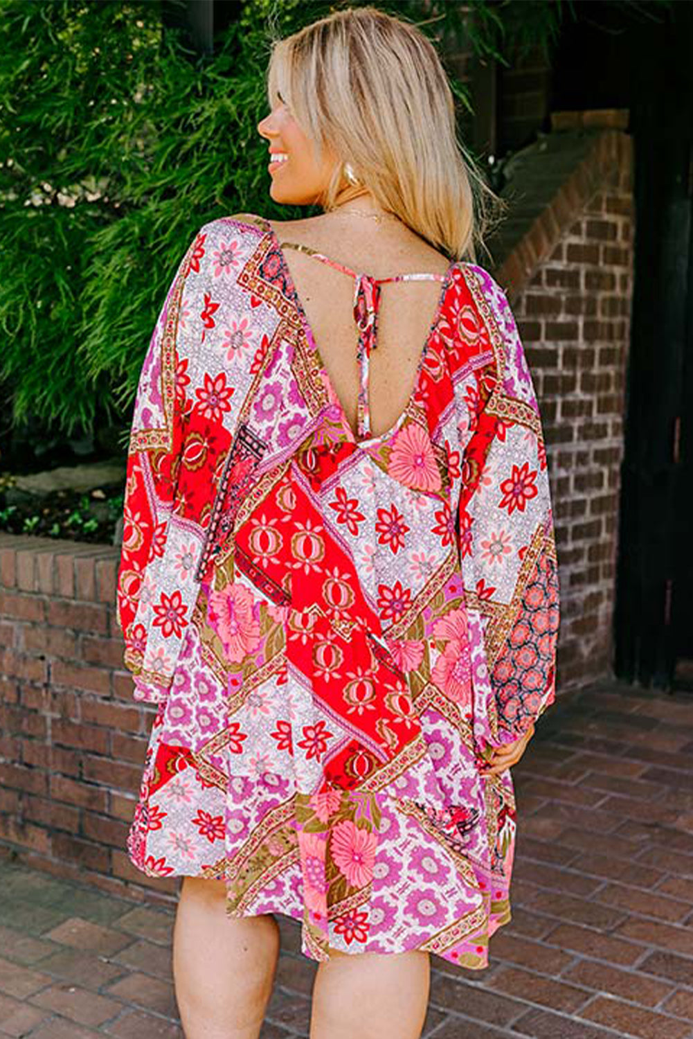 Rose Floral Patchwork Long Sleeve V Neck Lace-up Back Plus Size Dress - Plus Size Dresses