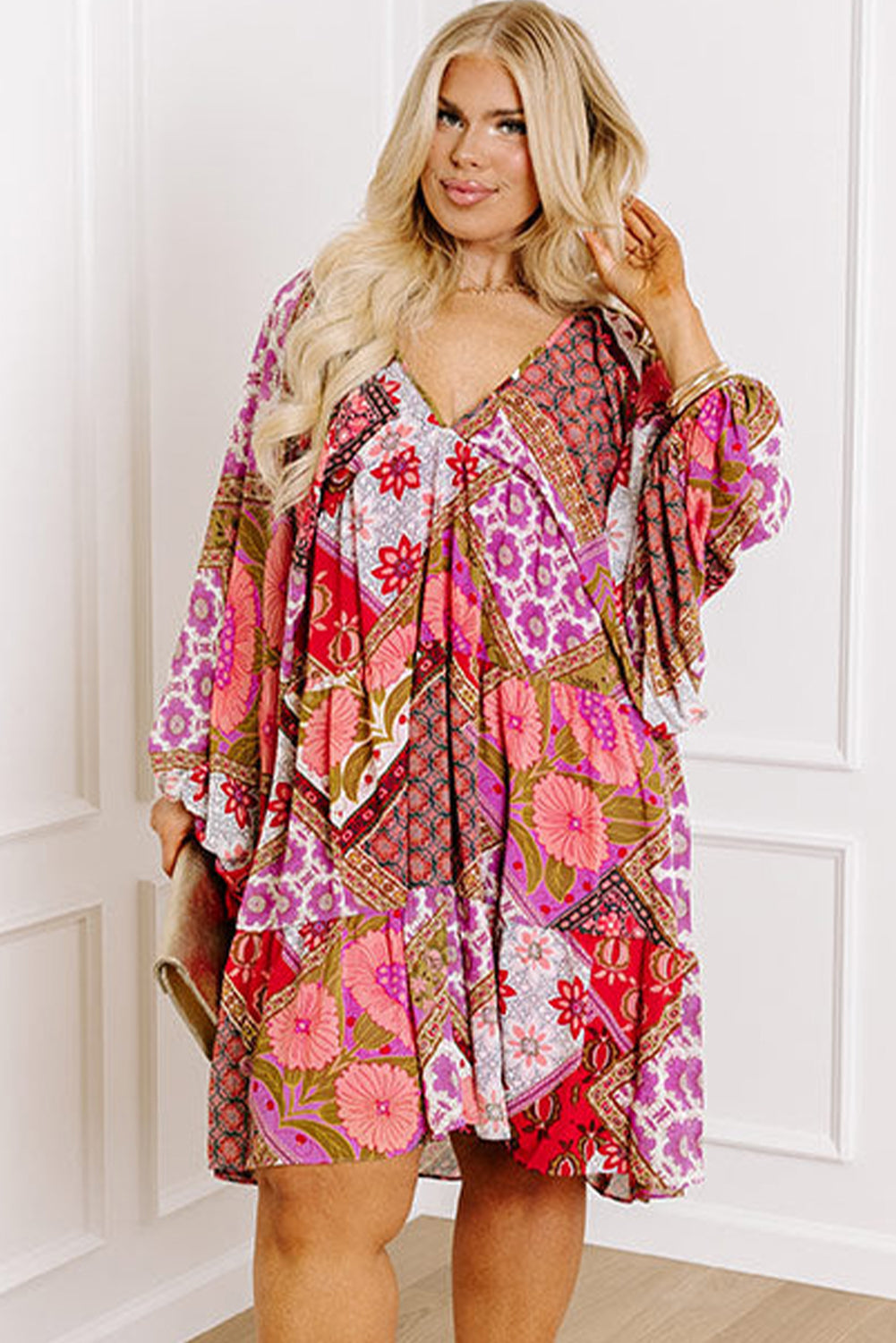 Rose Floral Patchwork Long Sleeve V Neck Lace-up Back Plus Size Dress - Plus Size Dresses