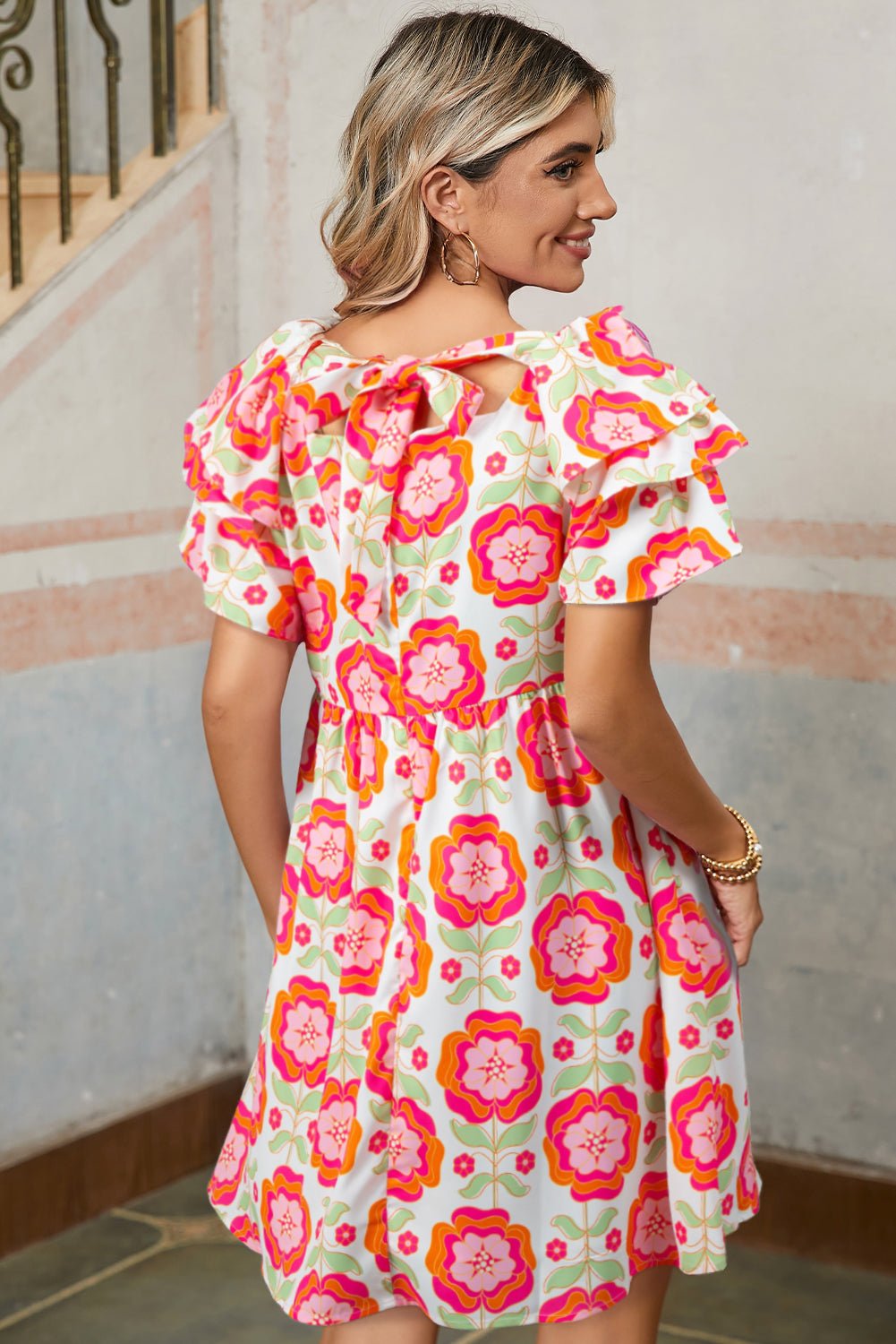 Rose Floral Print Layered Ruffle Sleeve Mini Dress - MAD RUFFI