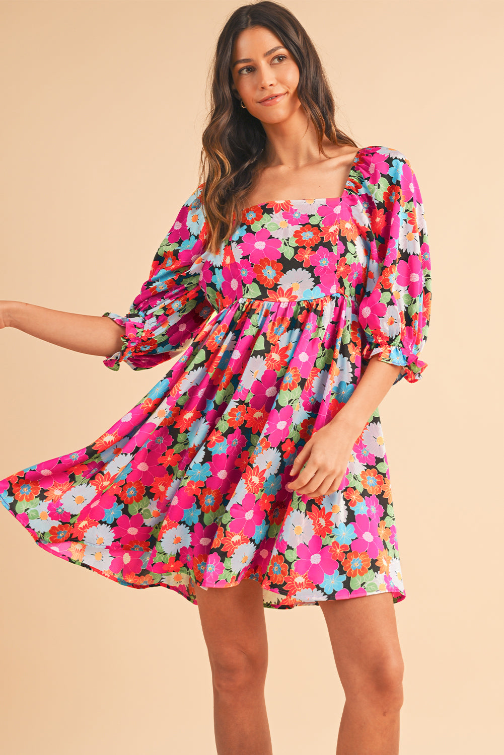 Rose Floral Print Square Neck Short Puff Sleeve Dress - MAD RUFFI