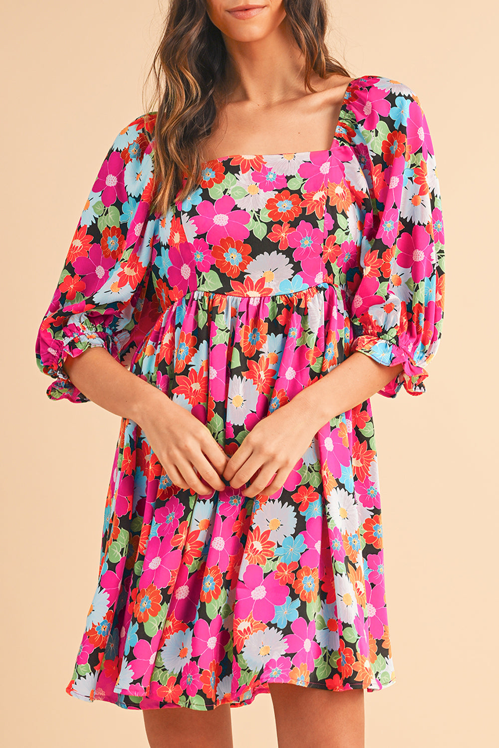 Rose Floral Print Square Neck Short Puff Sleeve Dress - MAD RUFFI