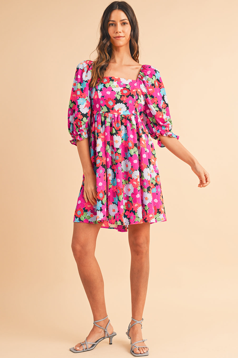 Rose Floral Print Square Neck Short Puff Sleeve Dress - MAD RUFFI