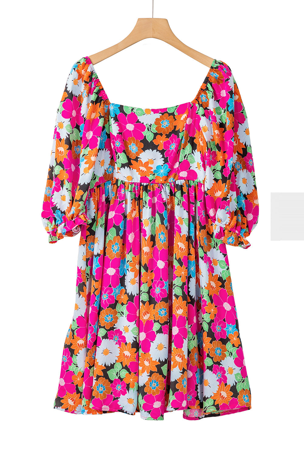 Rose Floral Print Square Neck Short Puff Sleeve Dress - MAD RUFFI