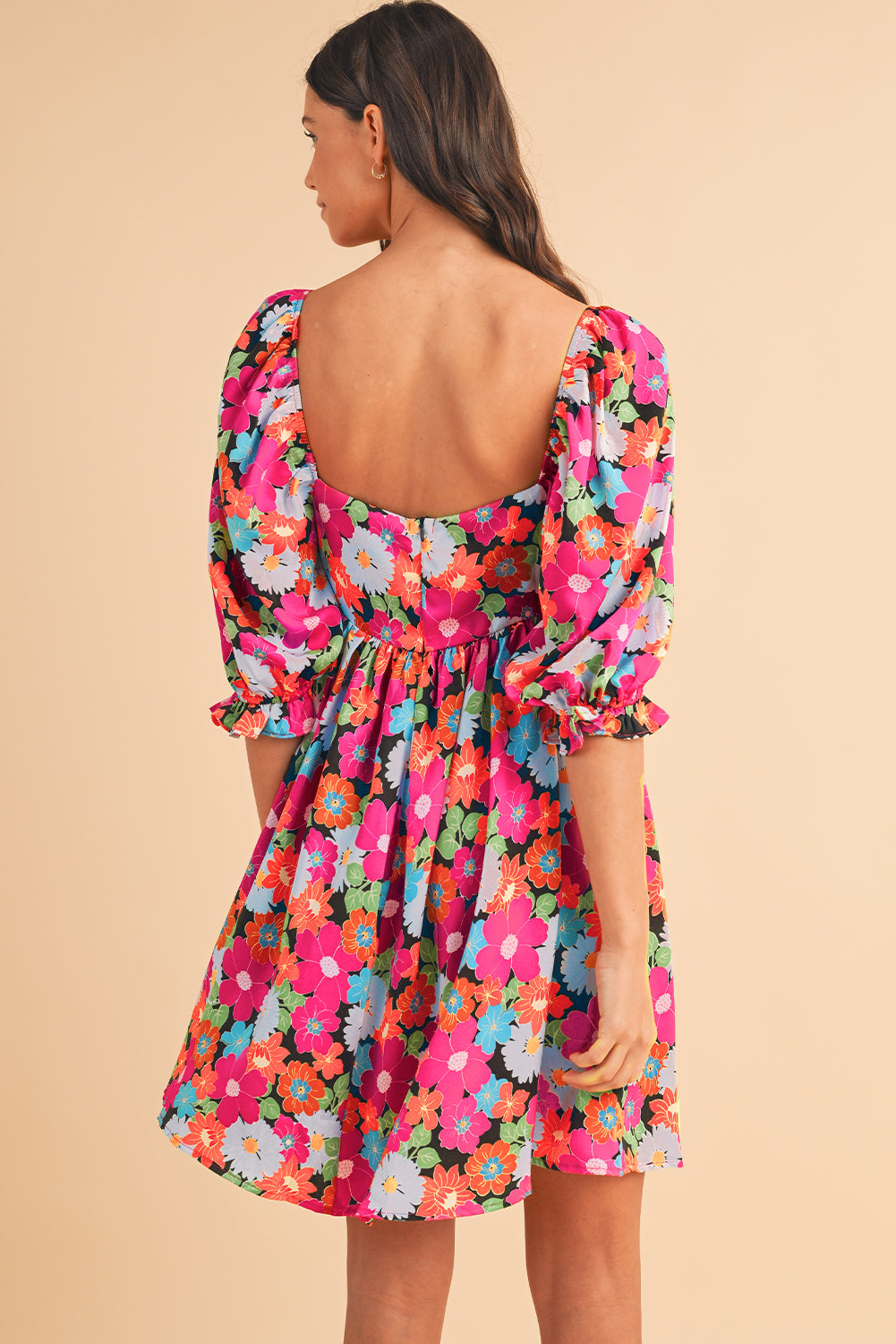 Rose Floral Print Square Neck Short Puff Sleeve Dress - MAD RUFFI