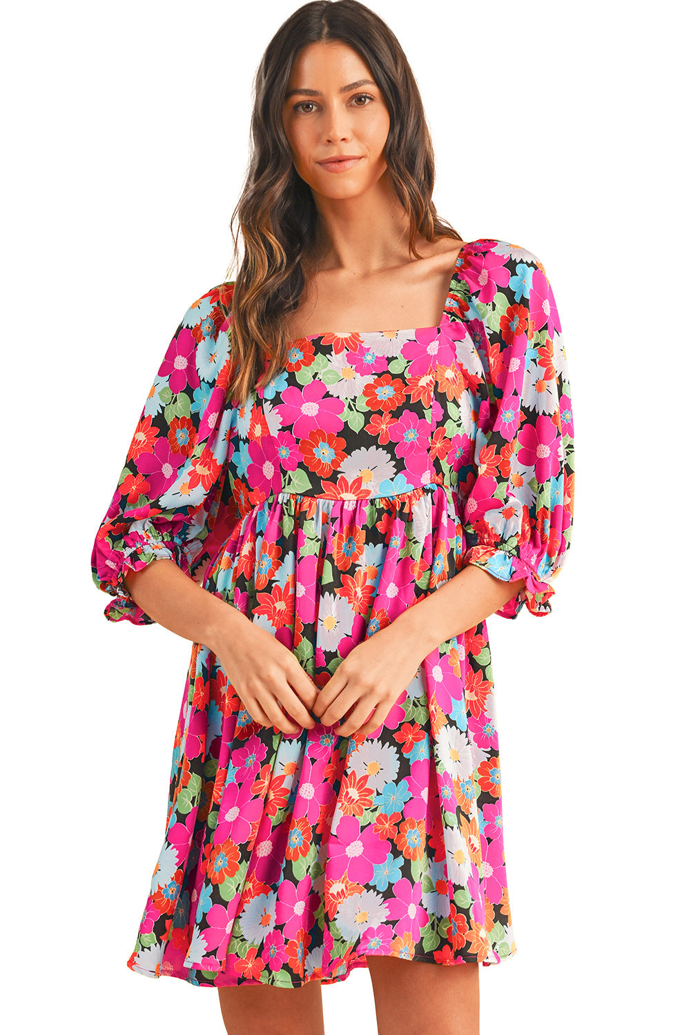 Rose Floral Print Square Neck Short Puff Sleeve Dress - MAD RUFFI