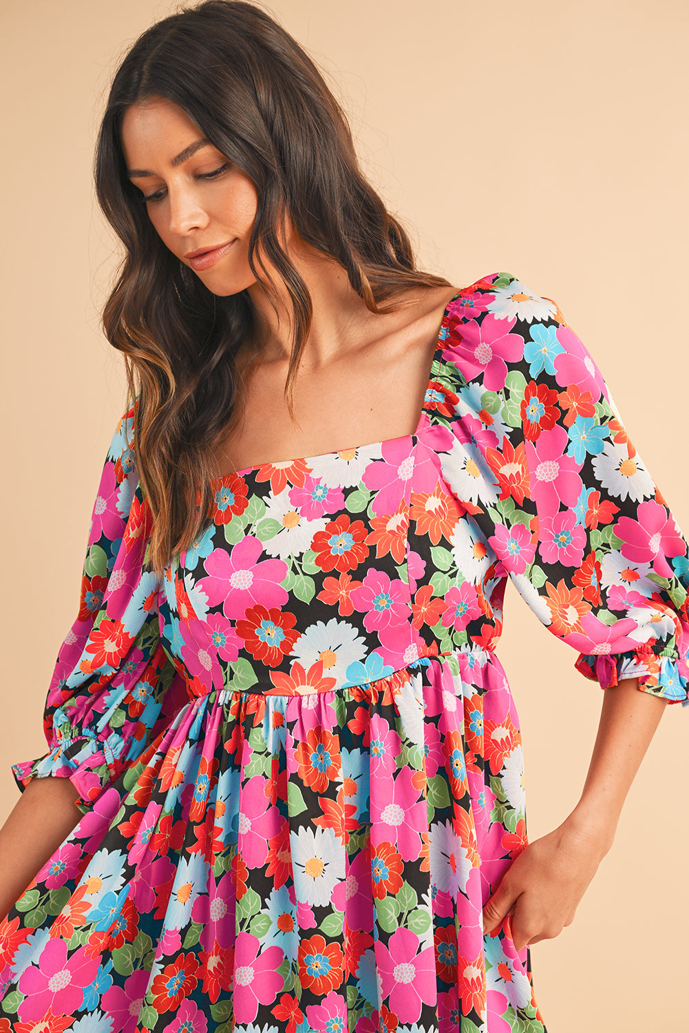 Rose Floral Print Square Neck Short Puff Sleeve Dress - MAD RUFFI