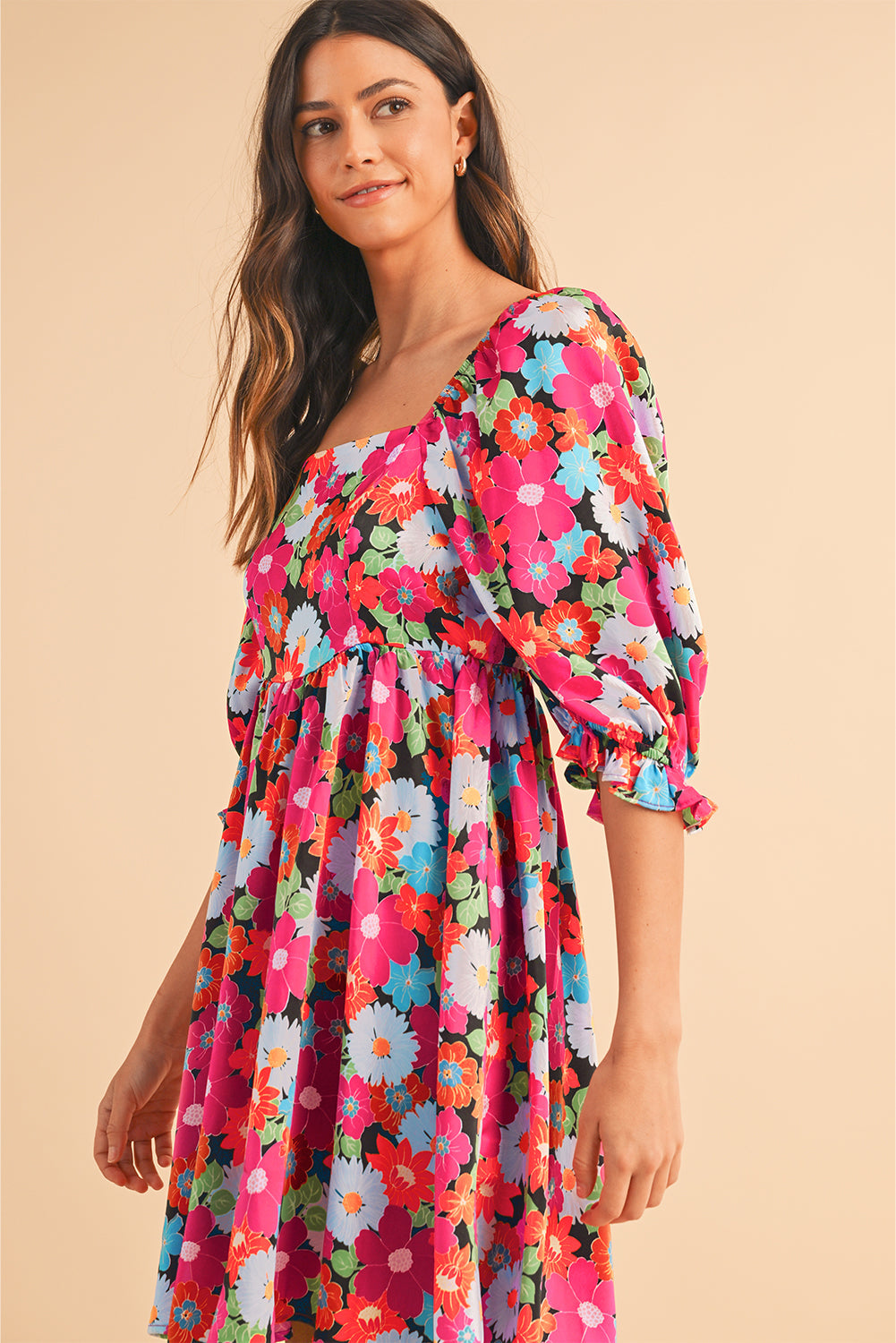 Rose Floral Print Square Neck Short Puff Sleeve Dress - MAD RUFFI