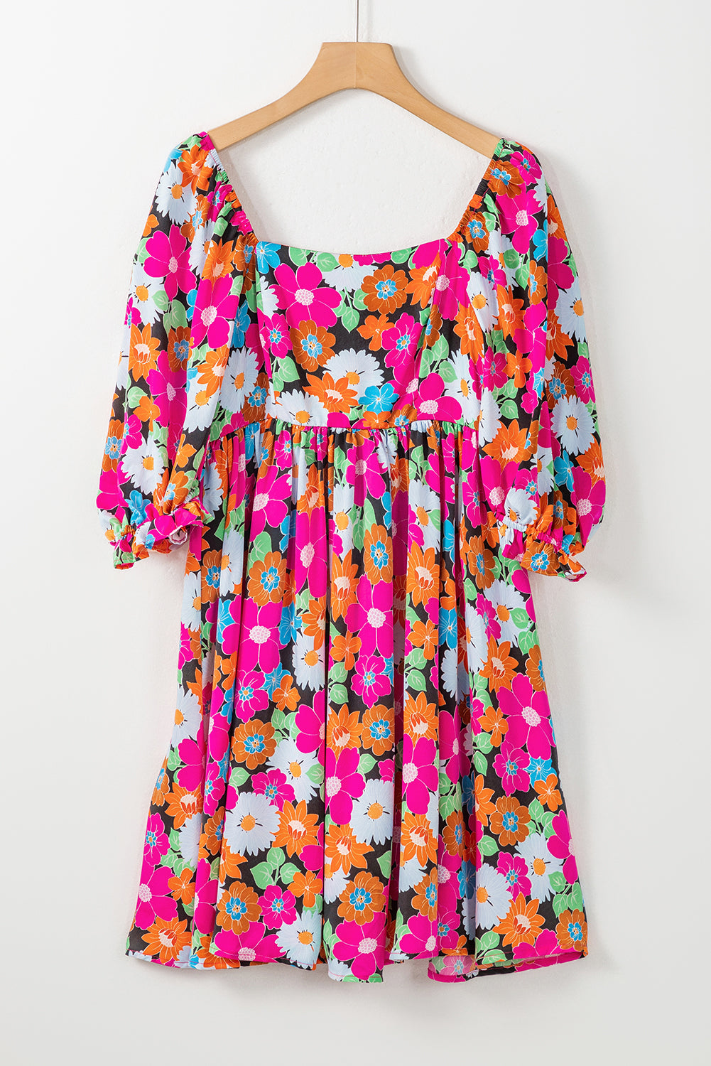 Rose Floral Print Square Neck Short Puff Sleeve Dress - MAD RUFFI