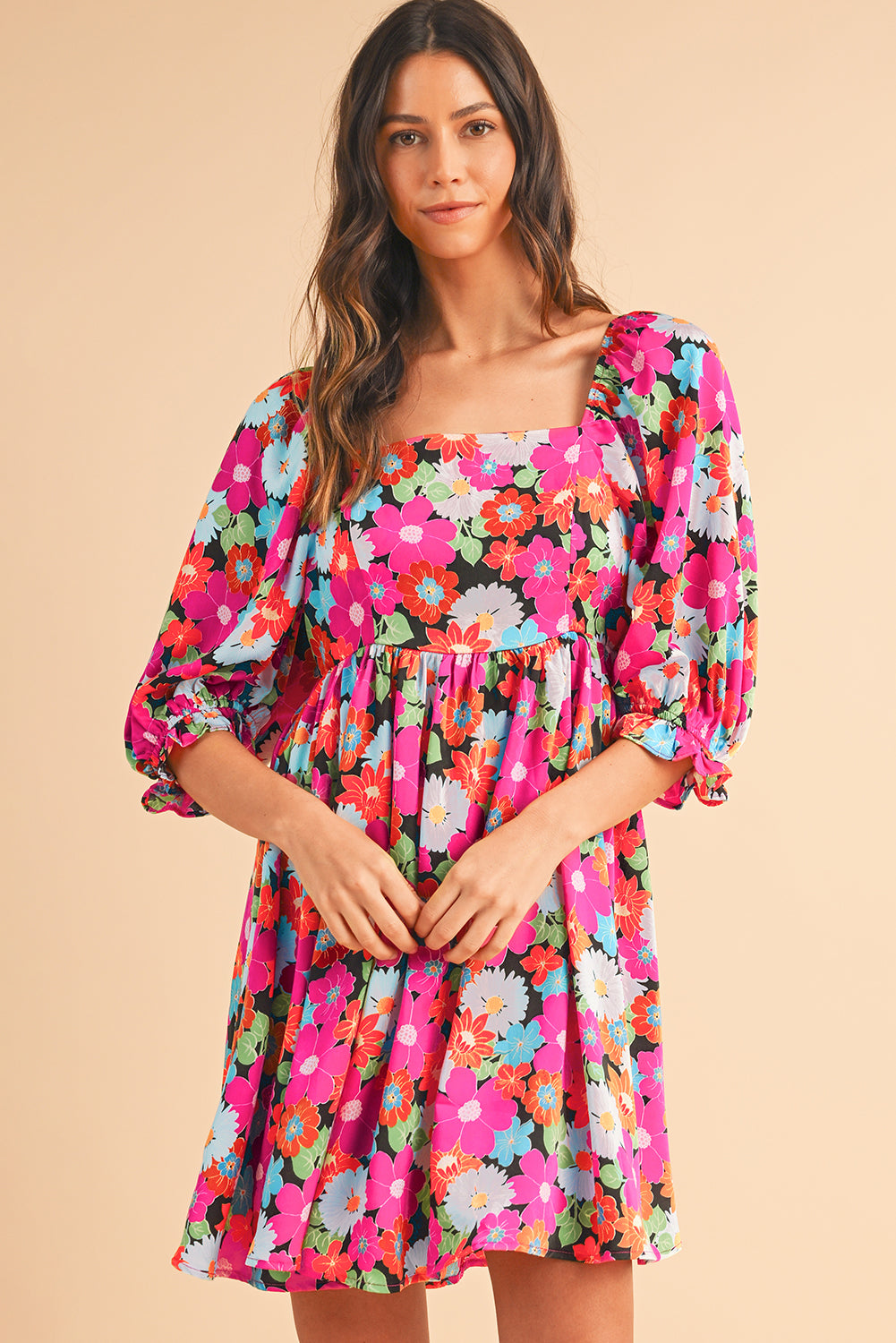 Rose Floral Print Square Neck Short Puff Sleeve Dress - MAD RUFFI