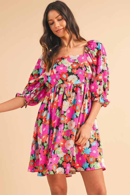 Rose Floral Print Square Neck Short Puff Sleeve Dress - MAD RUFFI