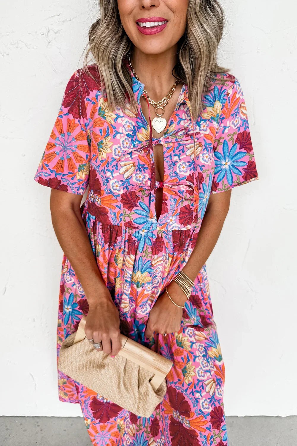 Rose Floral Print Tie Front High Waist Loose Midi Dress - MAD RUFFI