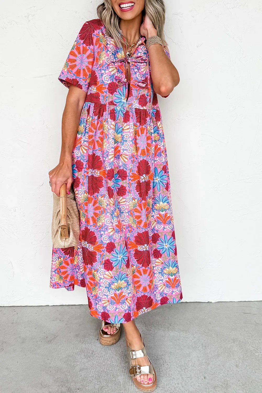 Rose Floral Print Tie Front High Waist Loose Midi Dress - MAD RUFFI