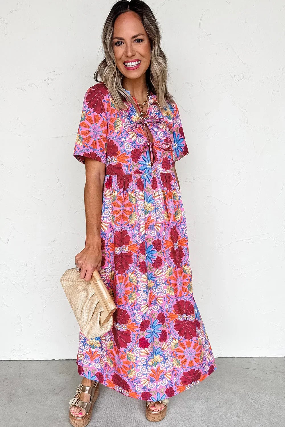 Rose Floral Print Tie Front High Waist Loose Midi Dress - MAD RUFFI