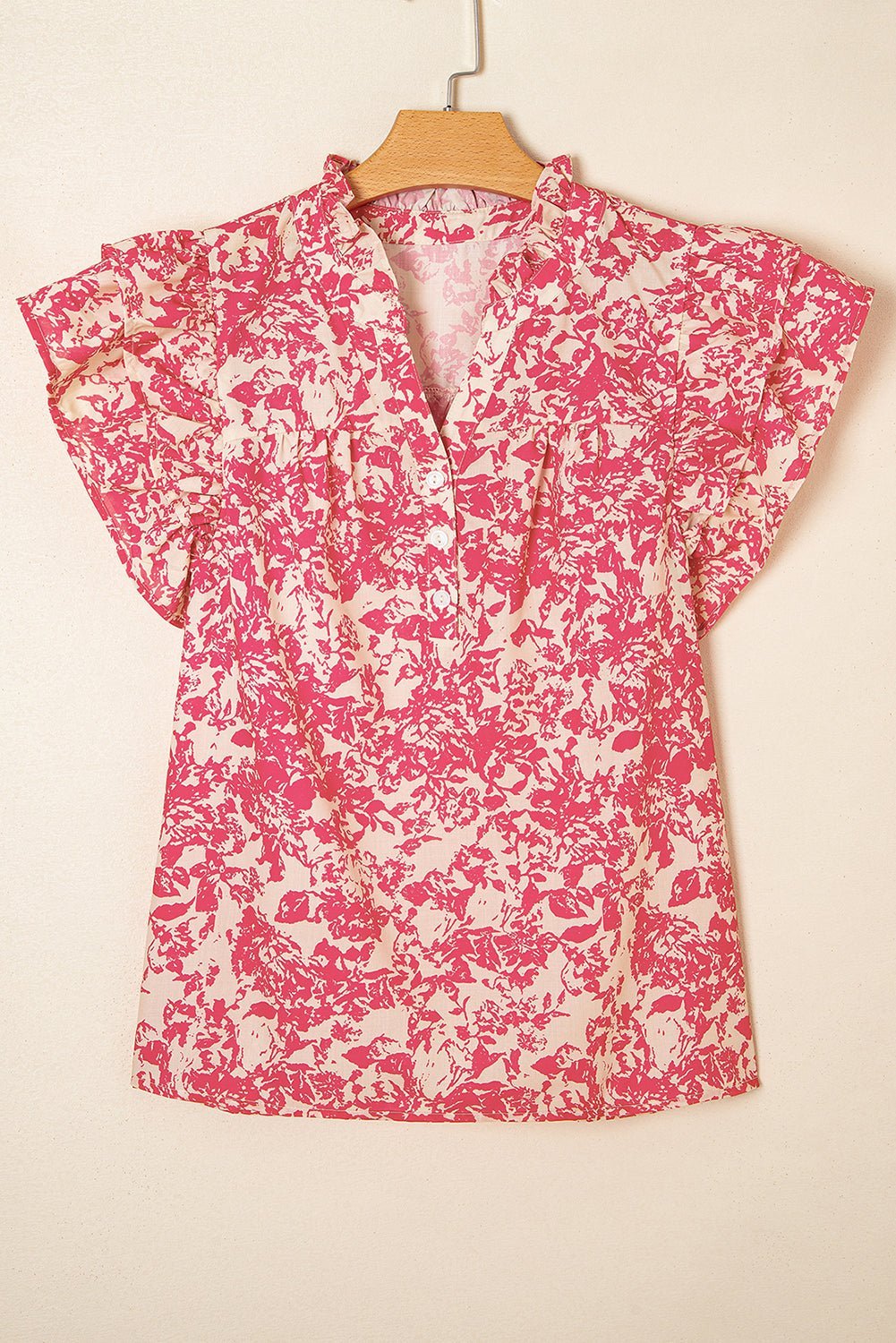 Rose Floral Print V Neck Ruffle Sleeve Blouse - MAD RUFFI