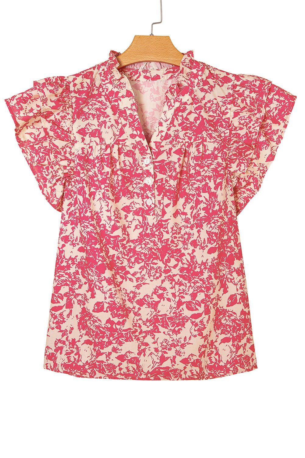 Rose Floral Print V Neck Ruffle Sleeve Blouse - MAD RUFFI