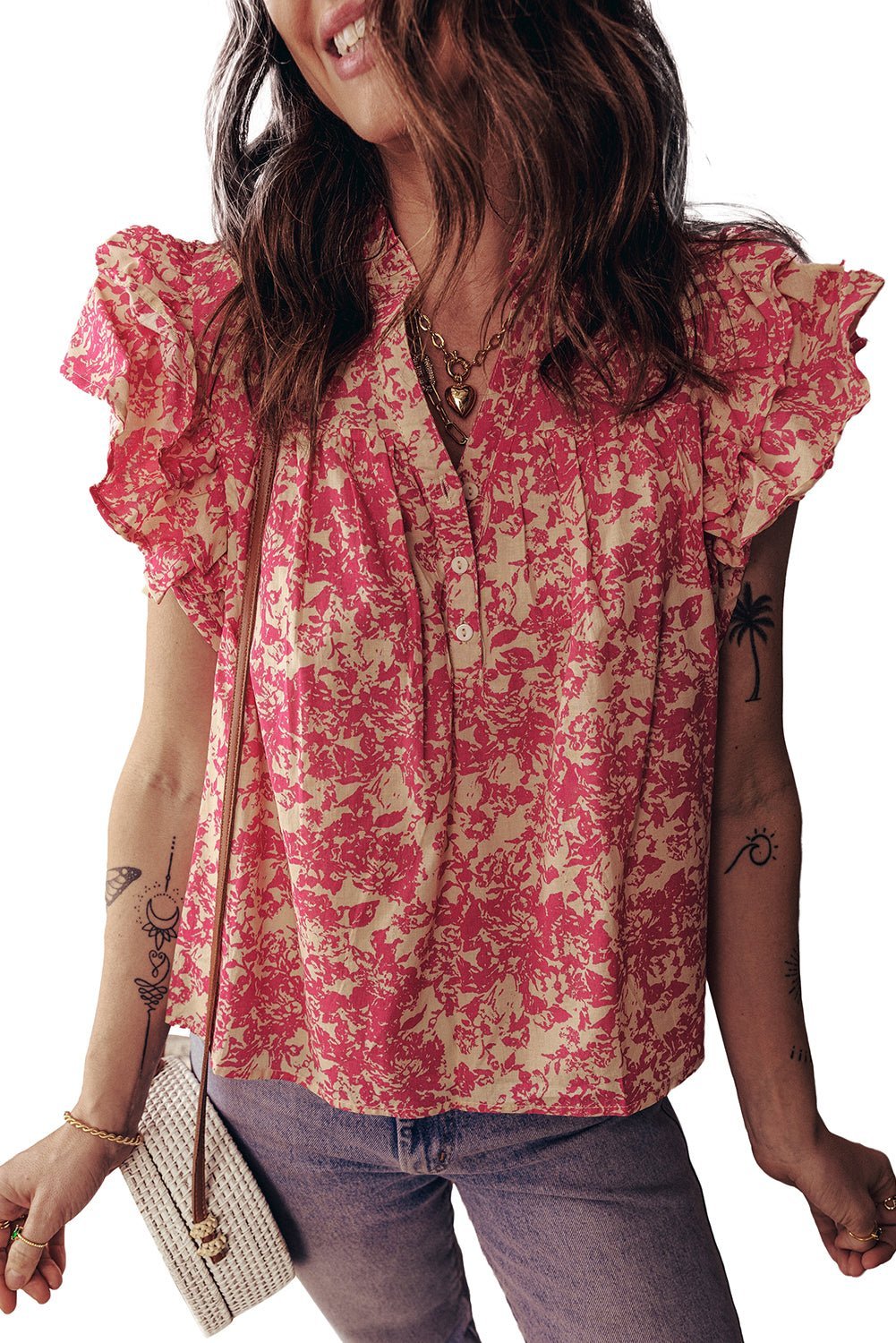 Rose Floral Print V Neck Ruffle Sleeve Blouse - MAD RUFFI