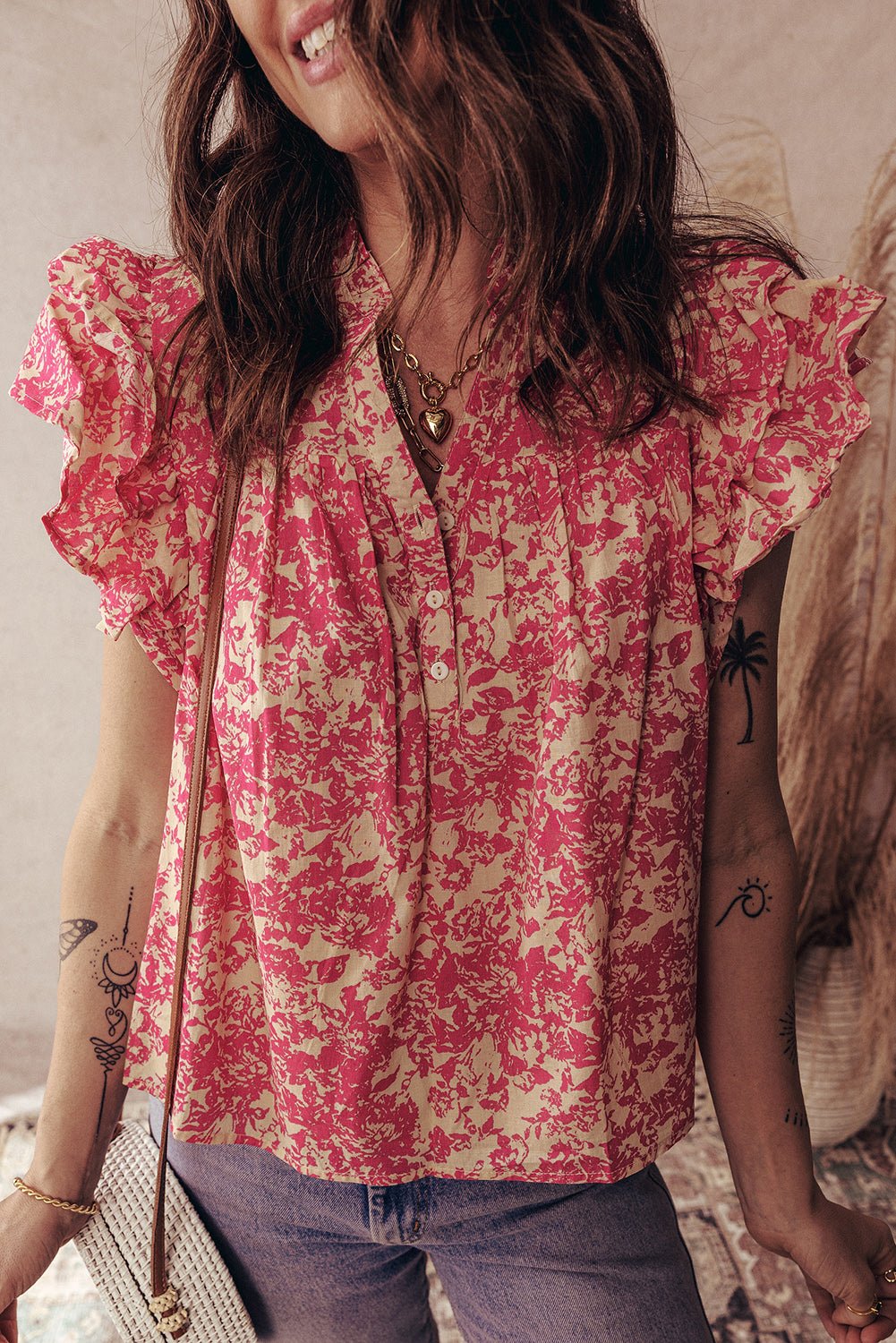 Rose Floral Print V Neck Ruffle Sleeve Blouse - MAD RUFFI