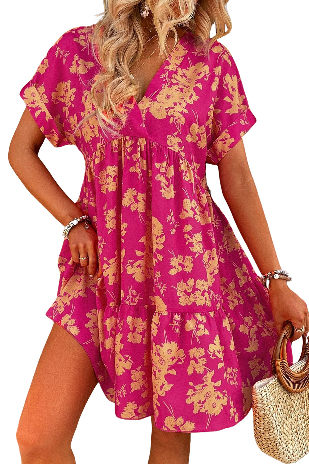 Rose Floral Short Sleeve Surplice Neck Ruffled Mini Dress - MAD RUFFI