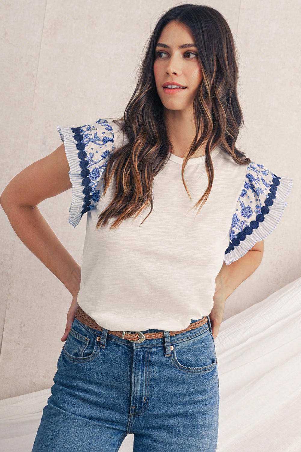 Rose Floral Striped Patchwork Flutter Sleeve Blouse - MAD RUFFI