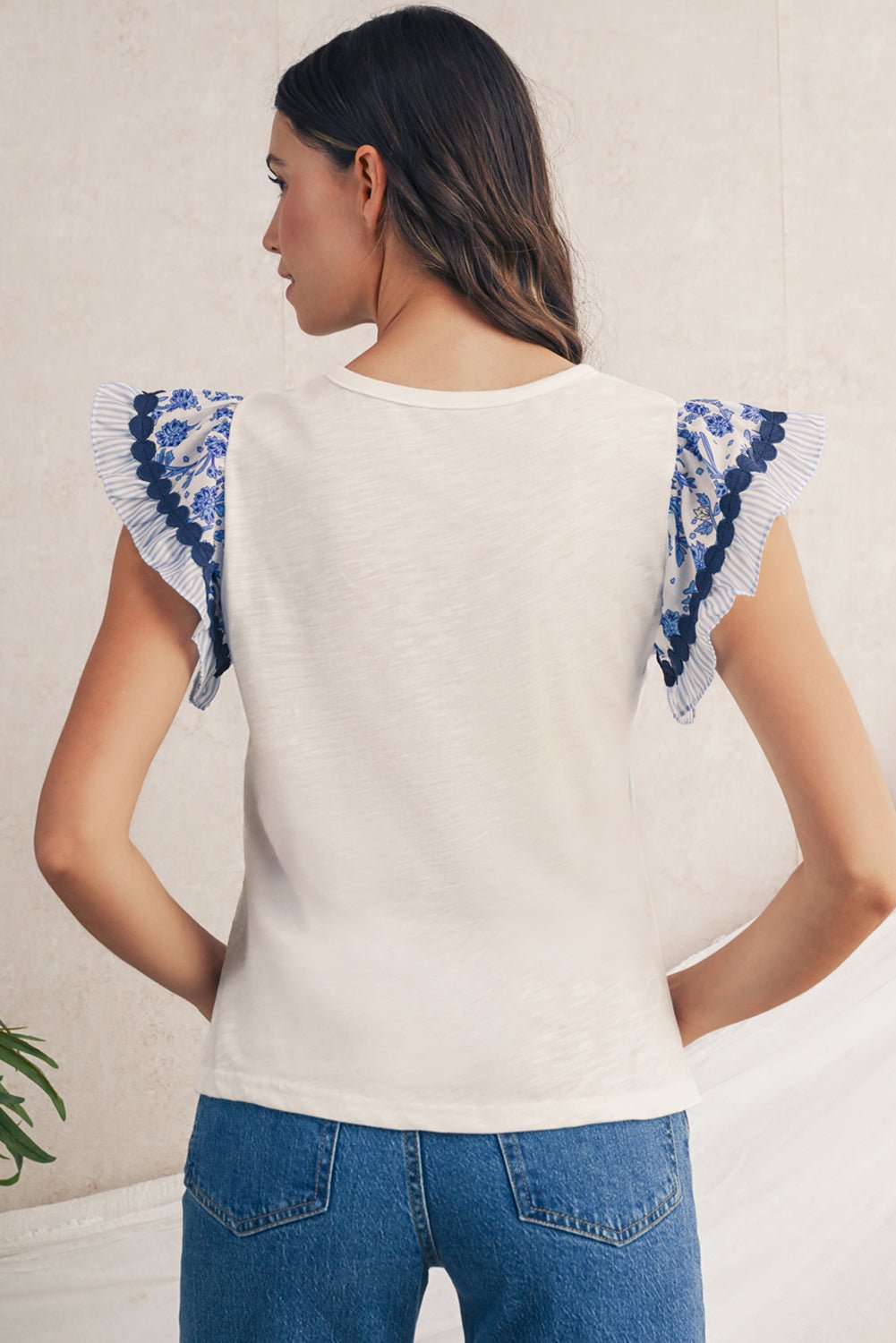 Rose Floral Striped Patchwork Flutter Sleeve Blouse - MAD RUFFI