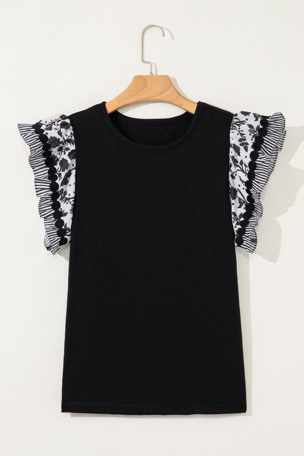 Rose Floral Striped Patchwork Flutter Sleeve Blouse - MAD RUFFI