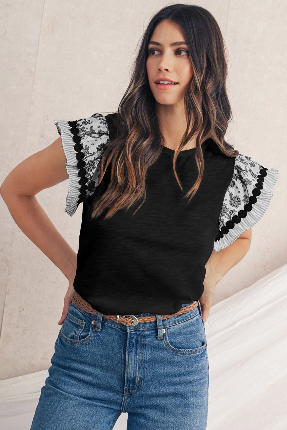 Rose Floral Striped Patchwork Flutter Sleeve Blouse - MAD RUFFI