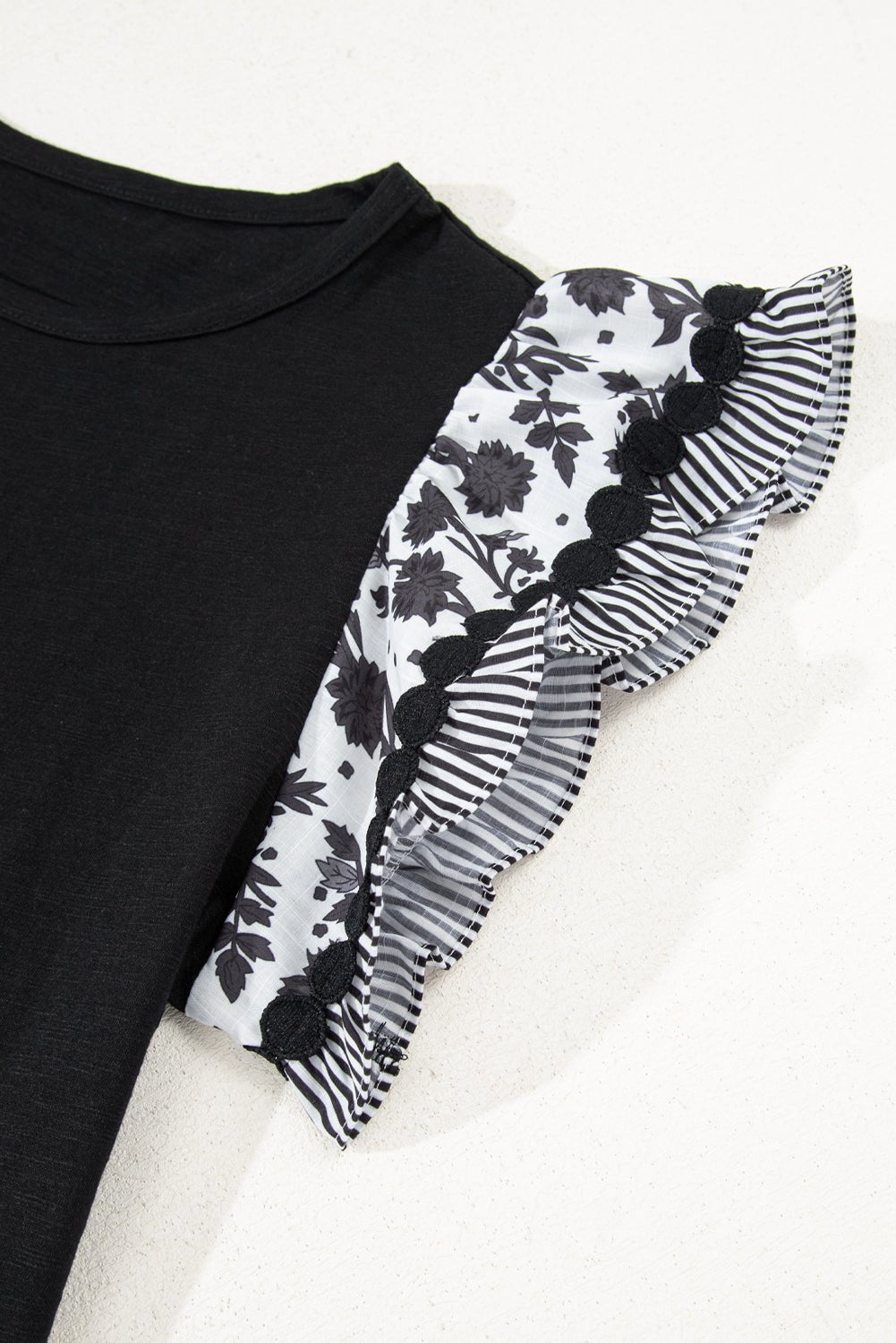 Rose Floral Striped Patchwork Flutter Sleeve Blouse - MAD RUFFI