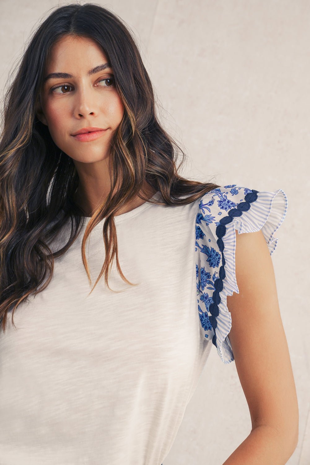 Rose Floral Striped Patchwork Flutter Sleeve Blouse - MAD RUFFI