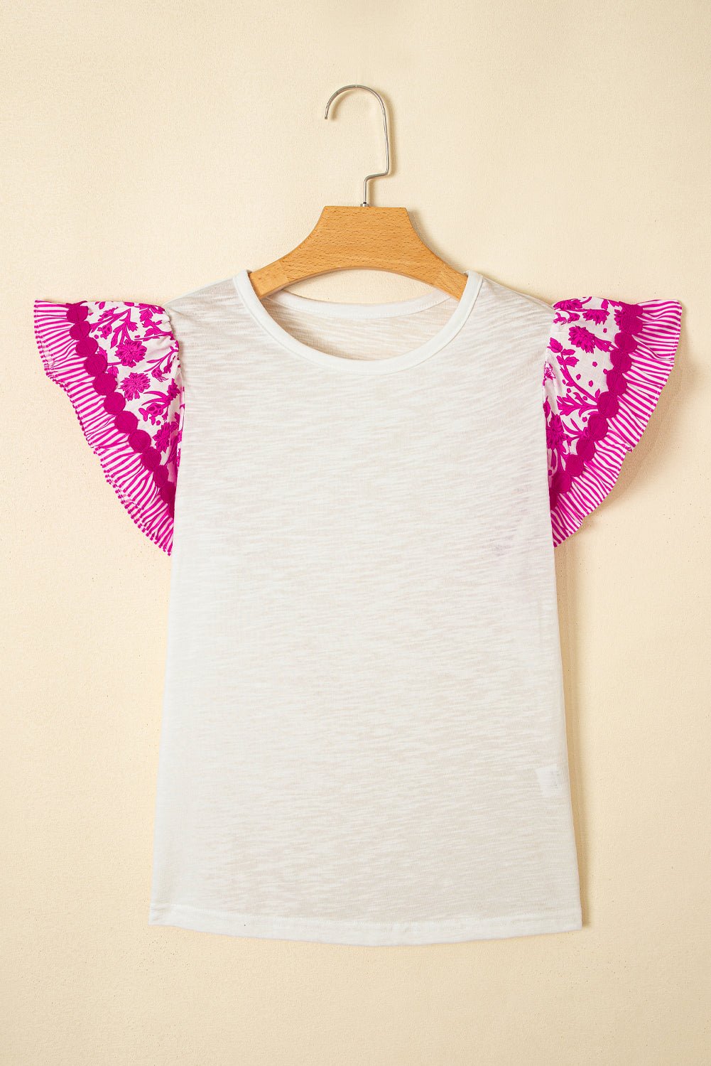 Rose Floral Striped Patchwork Flutter Sleeve Blouse - MAD RUFFI