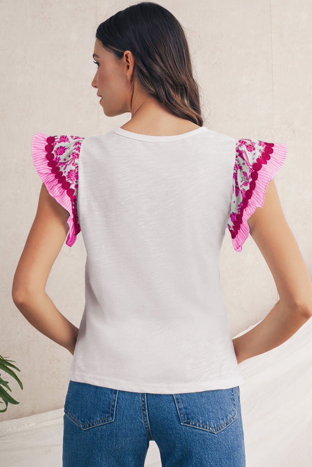 Rose Floral Striped Patchwork Flutter Sleeve Blouse - MAD RUFFI