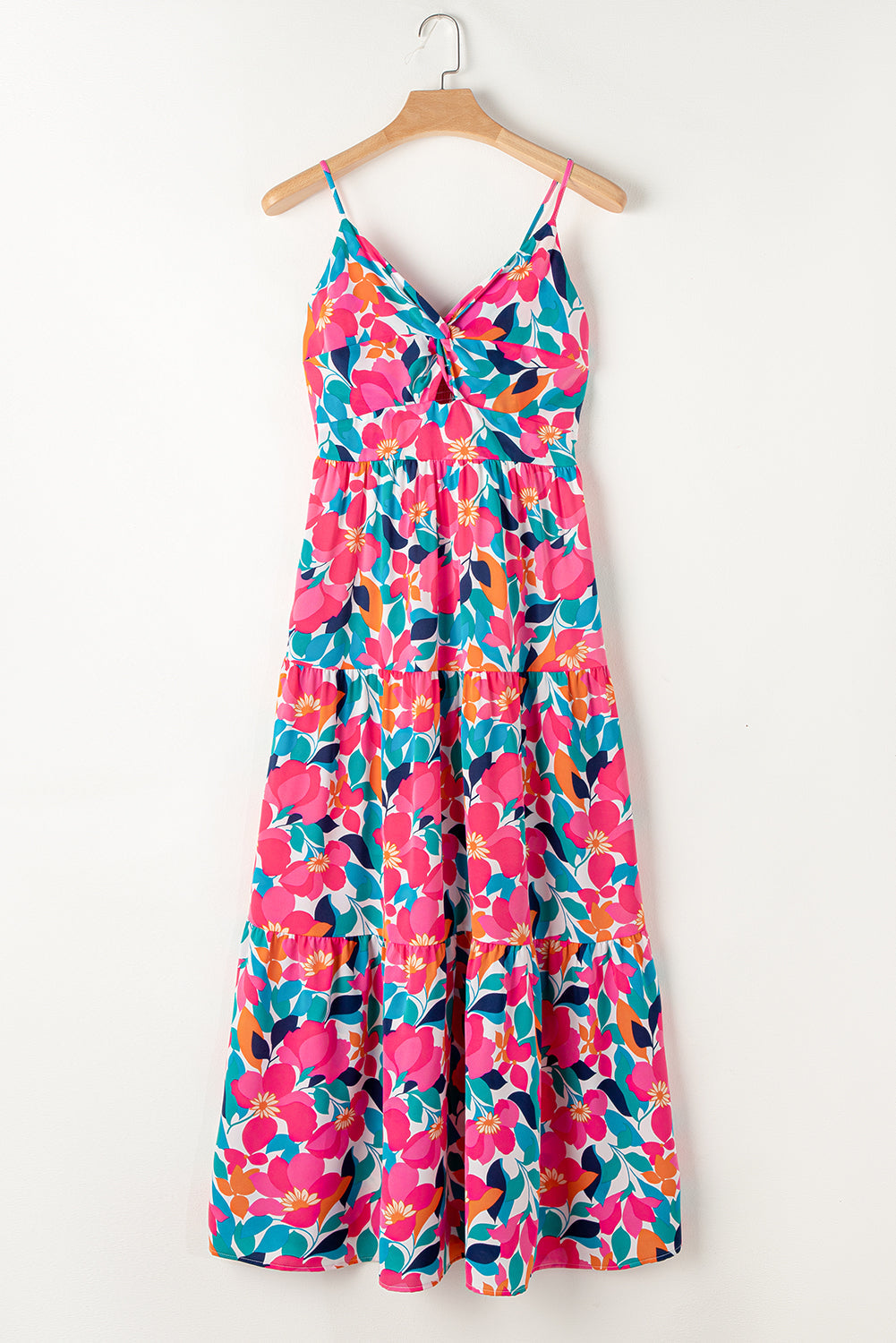 Rose Floral Twist V Neck Tiered Cami Maxi Dress - MAD RUFFI