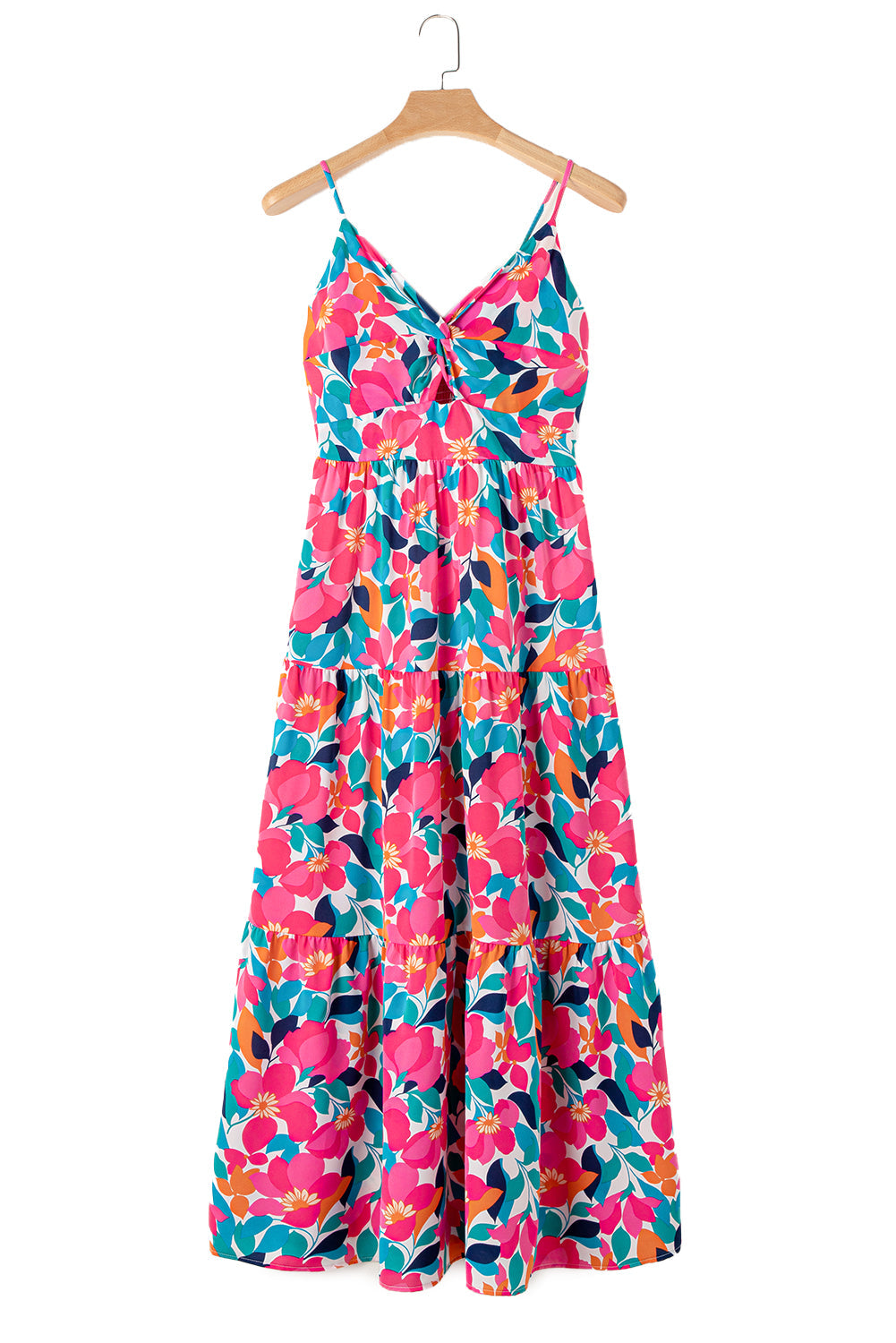 Rose Floral Twist V Neck Tiered Cami Maxi Dress - MAD RUFFI