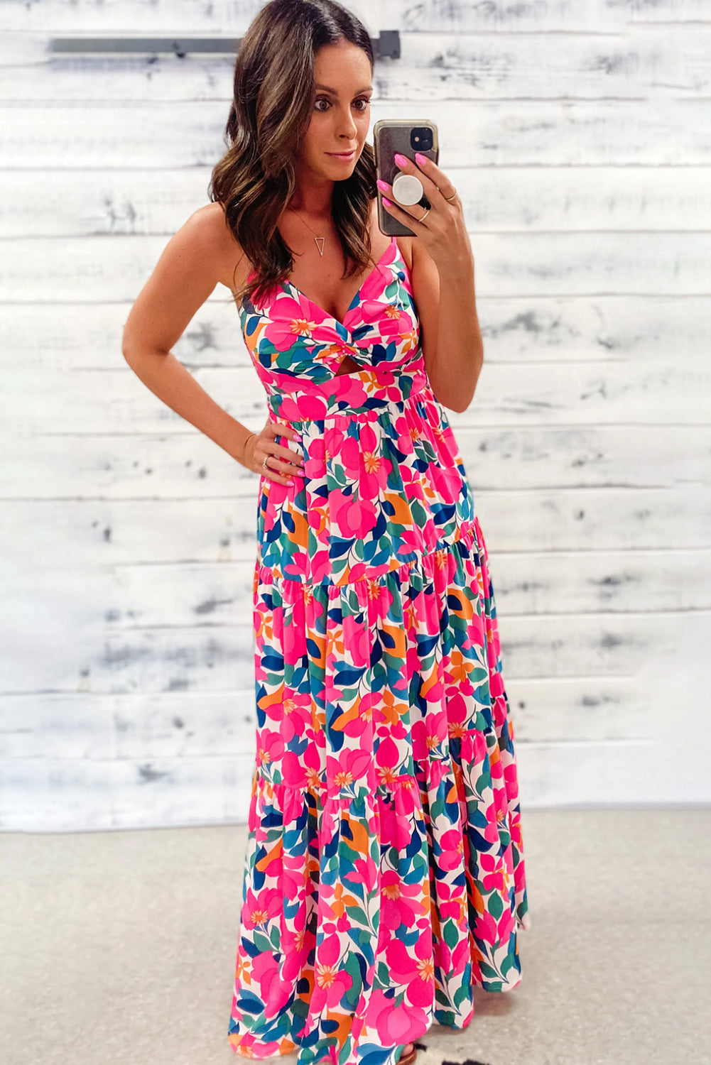 Rose Floral Twist V Neck Tiered Cami Maxi Dress - MAD RUFFI