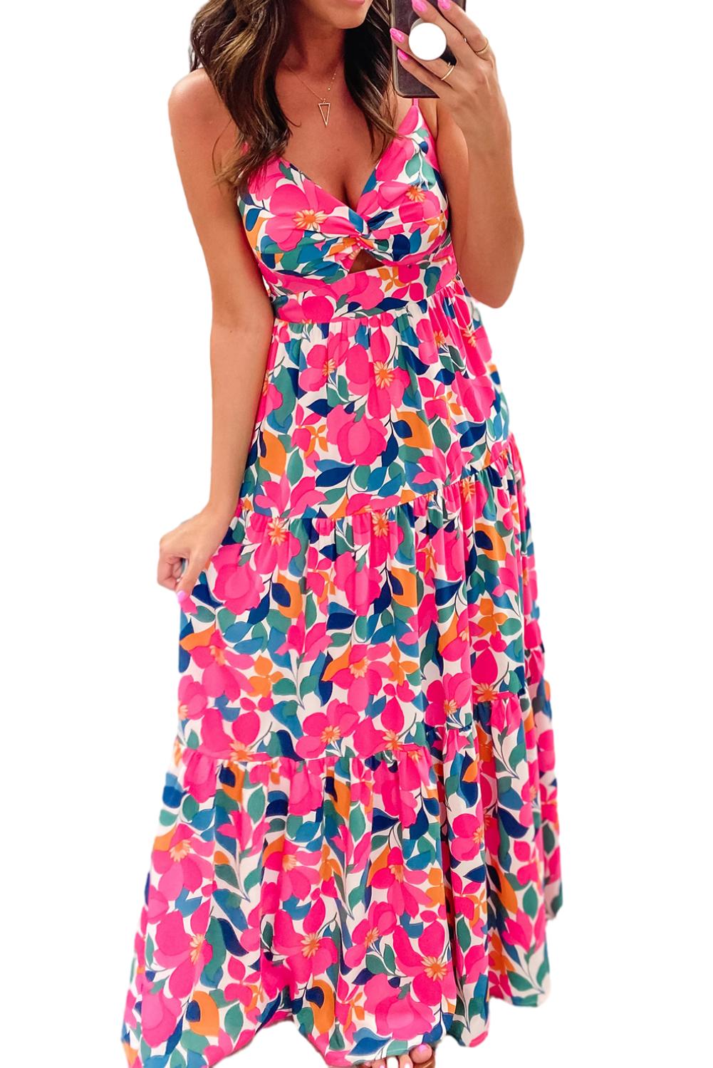 Rose Floral Twist V Neck Tiered Cami Maxi Dress - MAD RUFFI