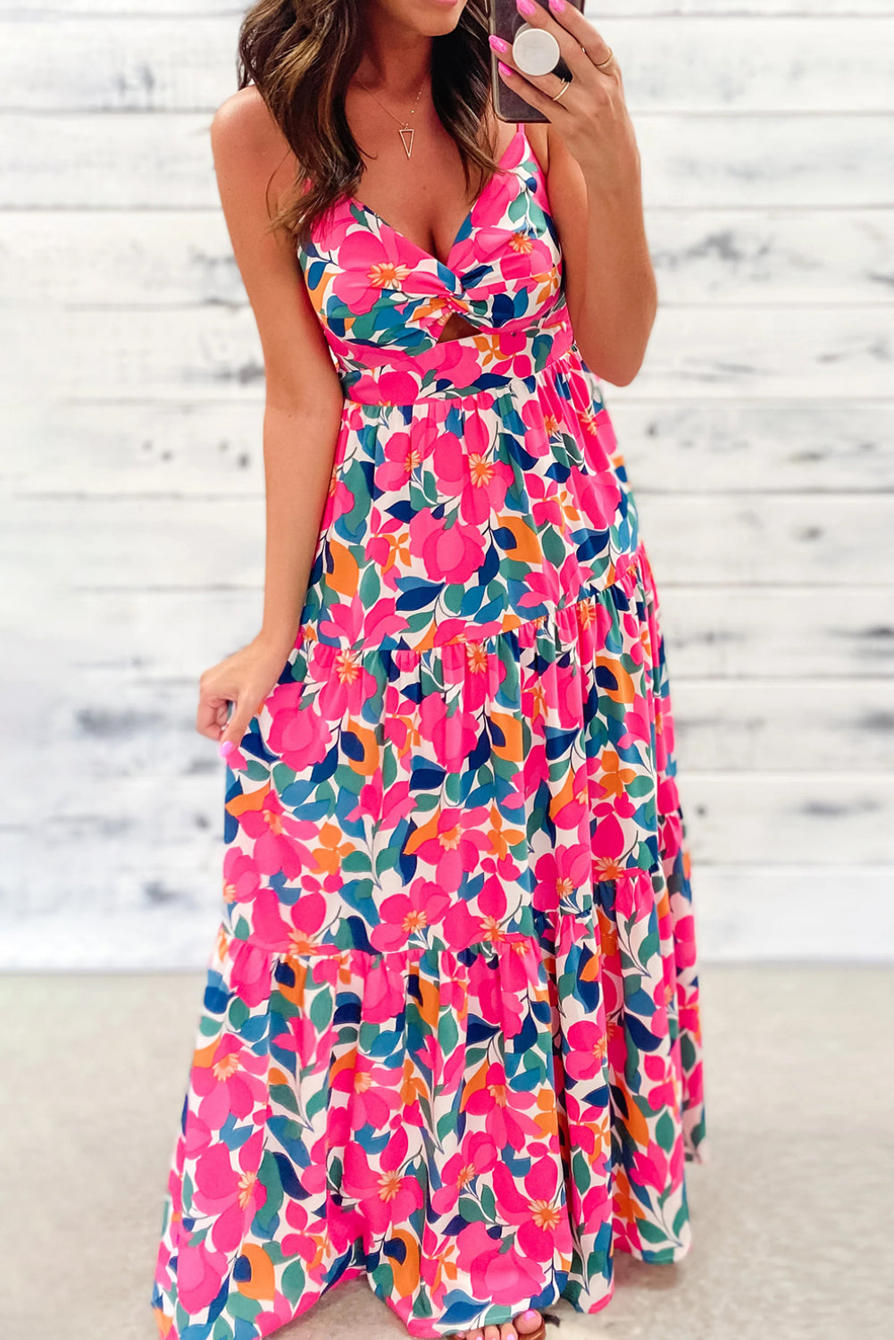 Rose Floral Twist V Neck Tiered Cami Maxi Dress - MAD RUFFI