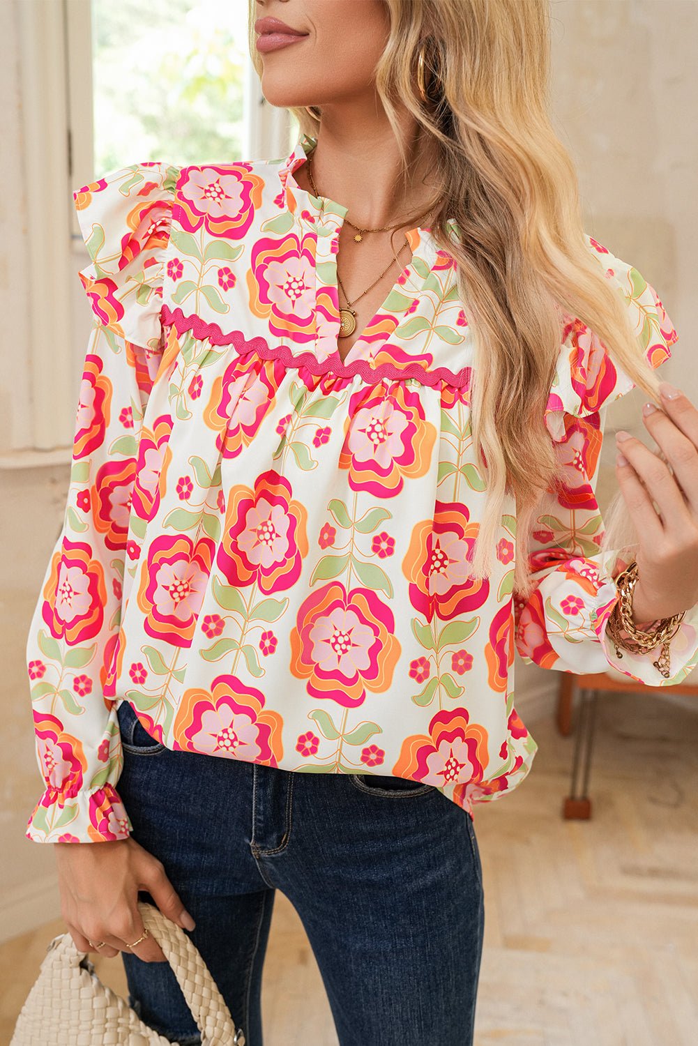 Rose Floral V Neck Ricrac Trim Ruffle Long Sleeve Blouse - MAD RUFFI