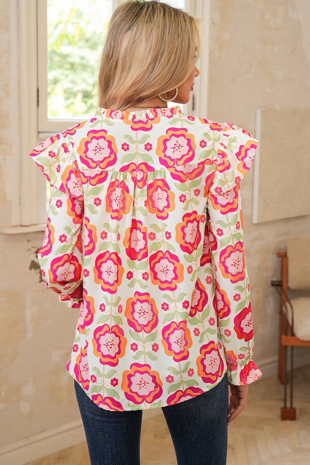 Rose Floral V Neck Ricrac Trim Ruffle Long Sleeve Blouse - MAD RUFFI