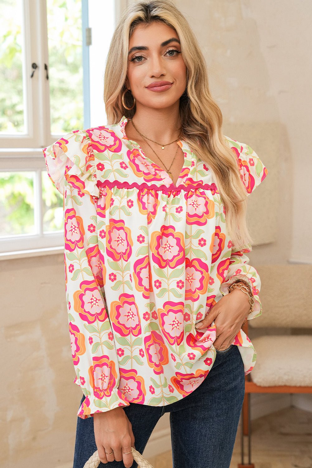 Rose Floral V Neck Ricrac Trim Ruffle Long Sleeve Blouse - MAD RUFFI