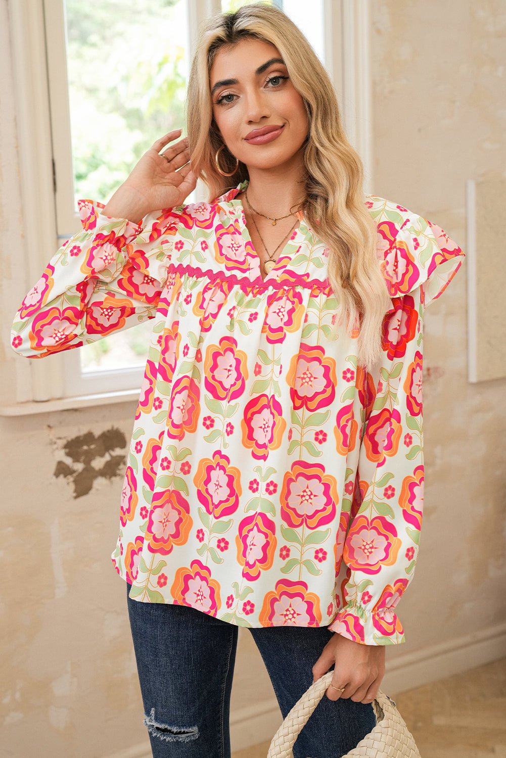 Rose Floral V Neck Ricrac Trim Ruffle Long Sleeve Blouse - MAD RUFFI