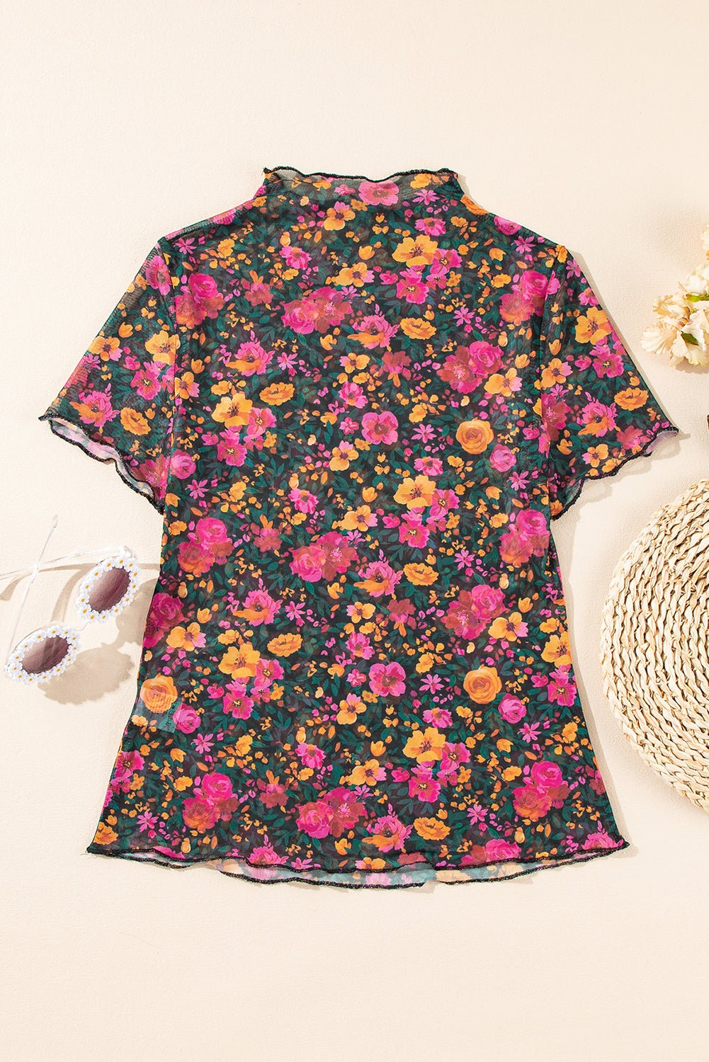 Rose Flower Mesh Stand Neck Short Sleeve Blouse - MAD RUFFI