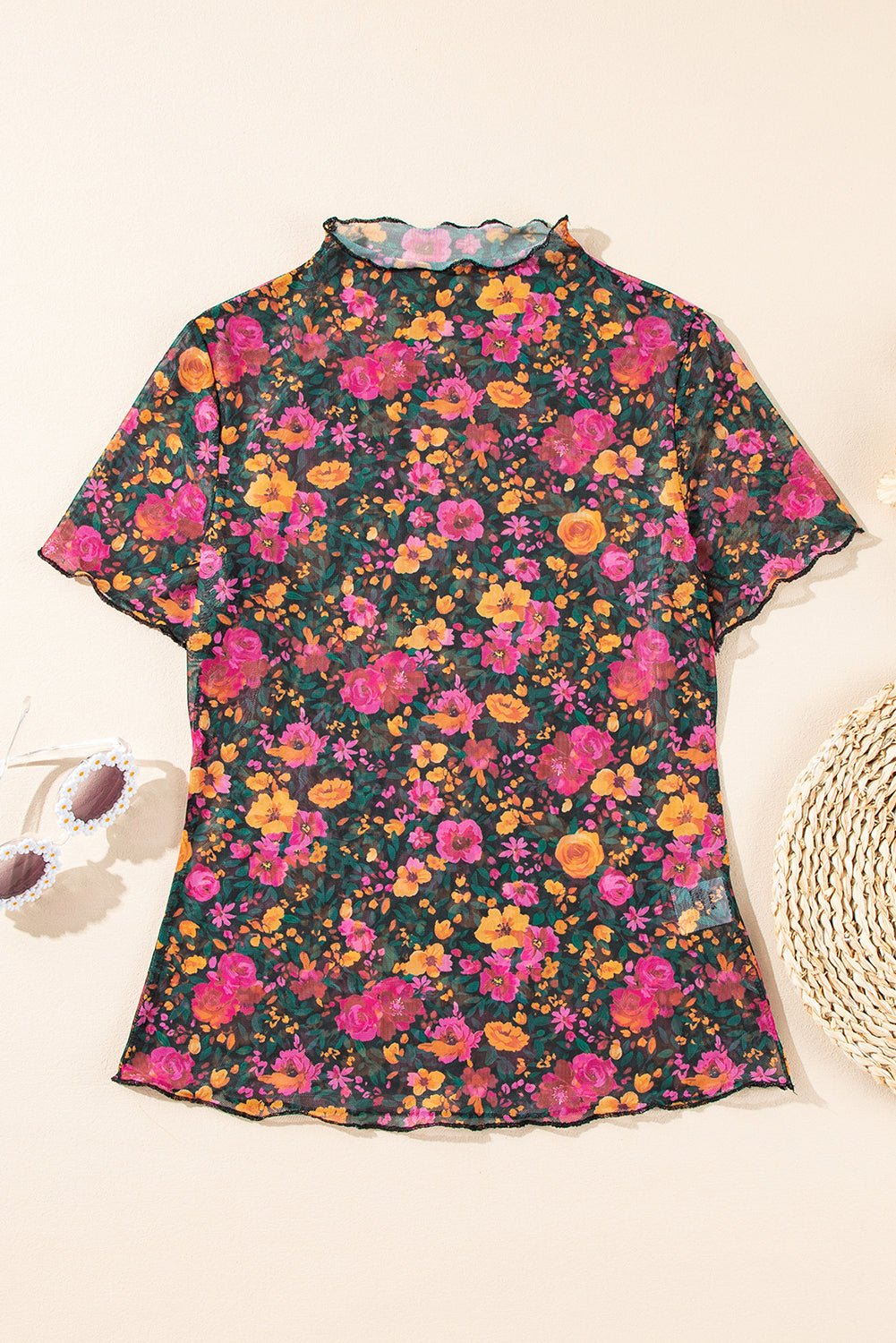 Rose Flower Mesh Stand Neck Short Sleeve Blouse - MAD RUFFI