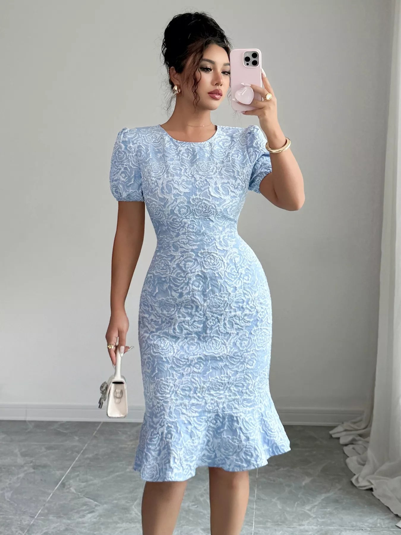 Rose Jacquard Bodycon Dress with Puff Sleeves - MAD RUFFI