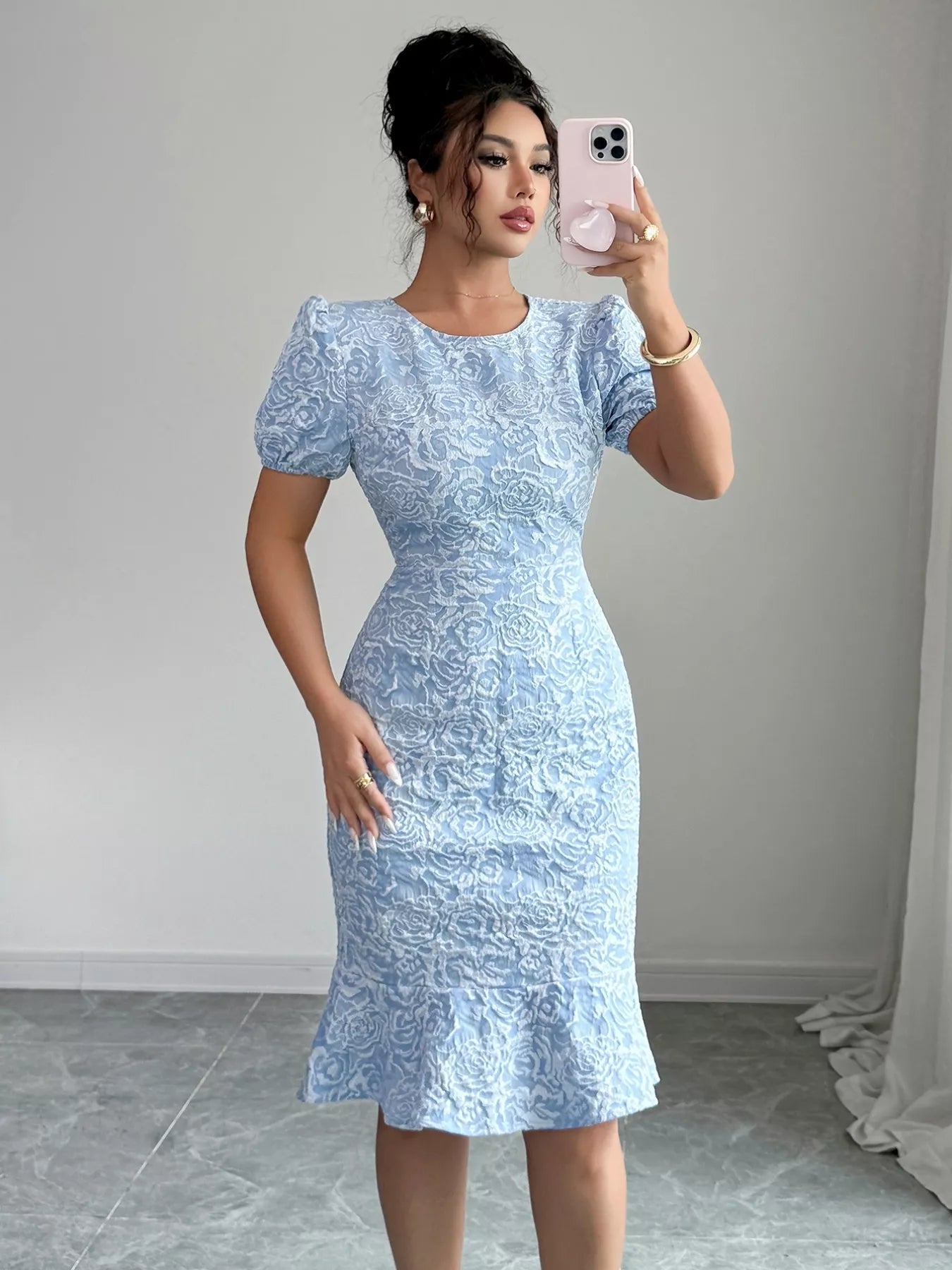 Rose Jacquard Bodycon Dress with Puff Sleeves - MAD RUFFI